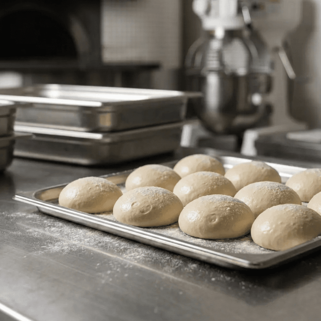 Porciones individuales de masa durante el reposo en una cocina profesional