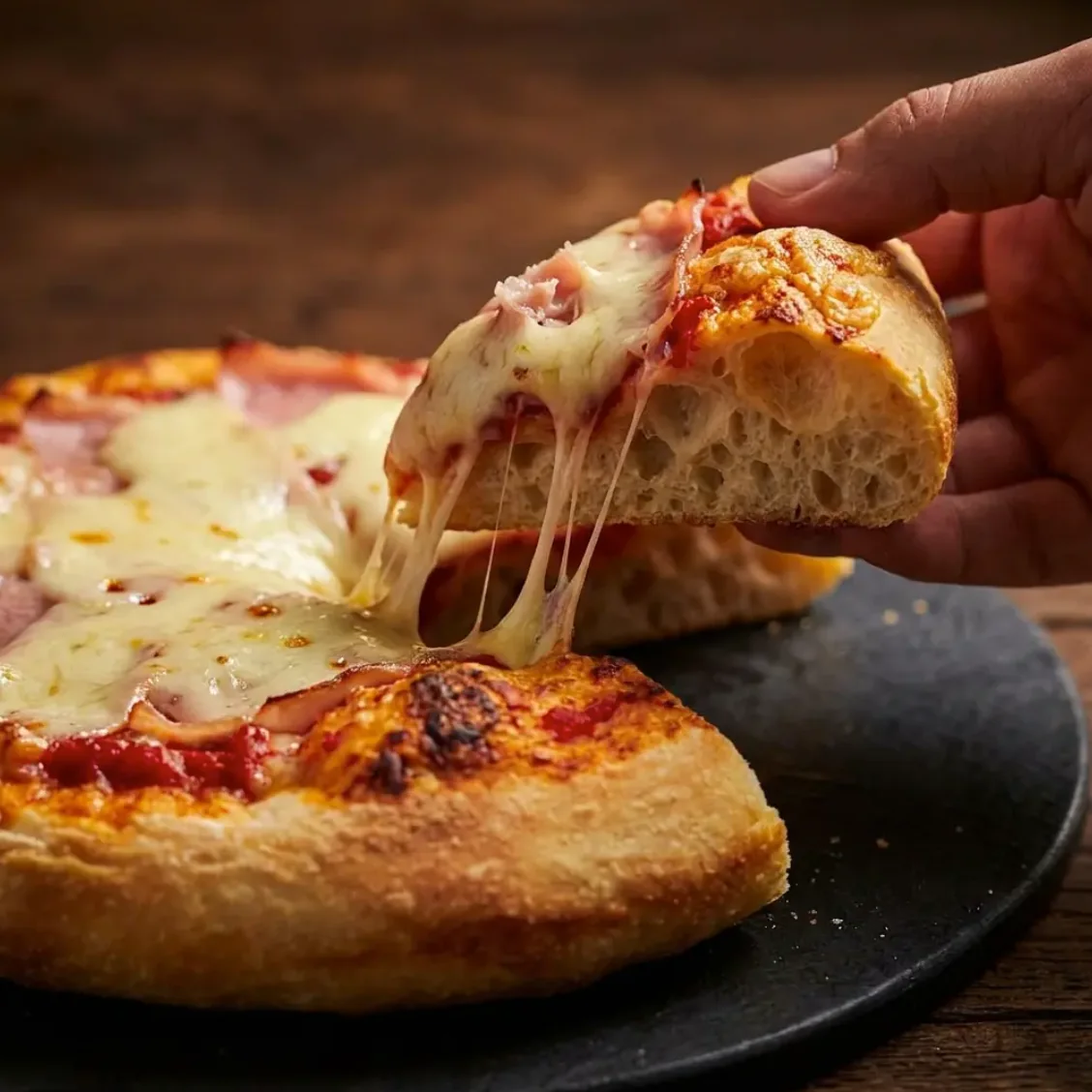 Detalle de una pizza con queso fundido